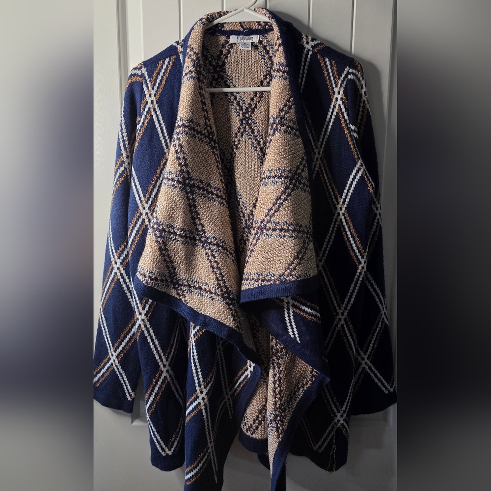 Hampshire Studio Blue and Tan Plaid Open Front Cardigan Sweater M ❤️